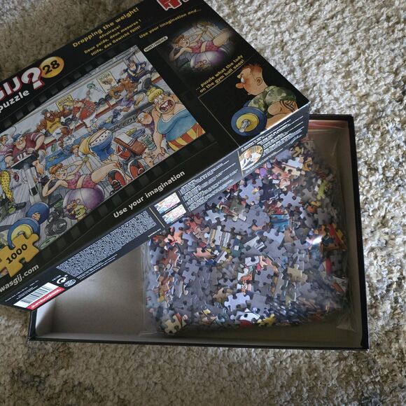 Jumbo WASGIJ 1000 Pc. Original Puzzle #28 "Dropping the Weight!" Finish Picture - Picture 2 of 3